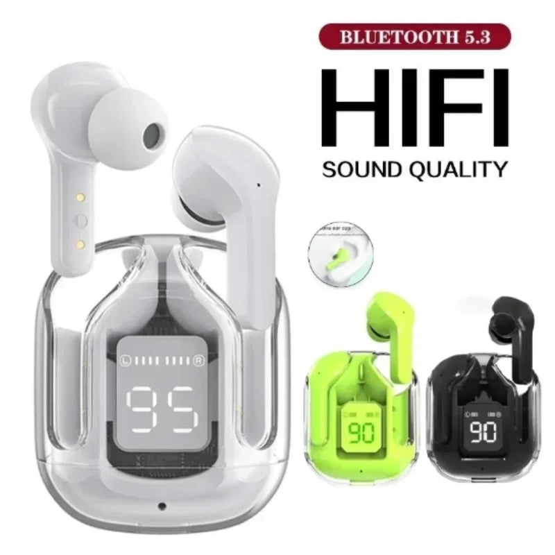 Translucent Bluetooth Noise-Canceling Earphones with Digital Display Charging Case – Perfect for Sports & Work