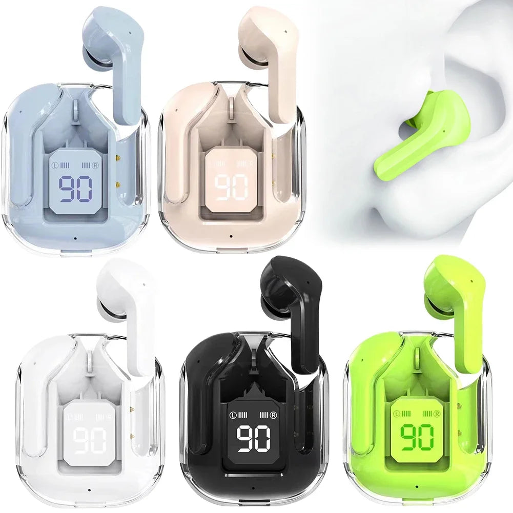 Translucent Bluetooth Noise-Canceling Earphones with Digital Display Charging Case – Perfect for Sports & Work