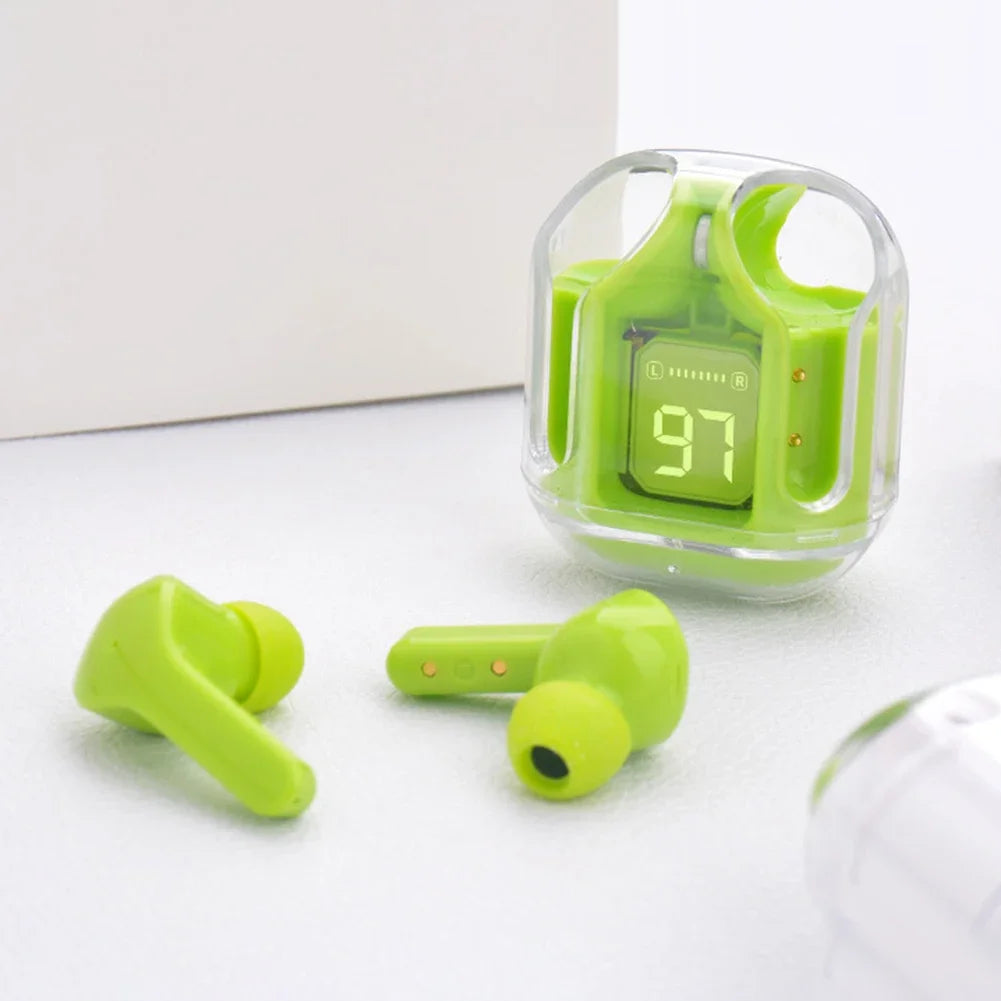 Translucent Bluetooth Noise-Canceling Earphones with Digital Display Charging Case – Perfect for Sports & Work